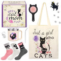 Cat Lover Gifts for Women, 7 Pcs Black Cat Themed Gift Set with Mug, Tote Bag, 3 Socks, Keychain & Comb. Perfect Kitten Themed Gifts for Women, Birthday, Mother's Day