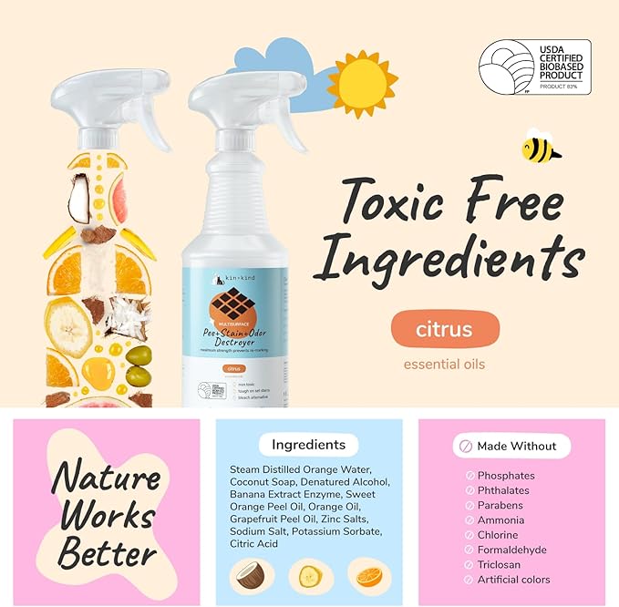 kin+kind Pee+Stain+Odor Destroyer - Multisurface - Maximum Strength - Stops Re-Marking - USDA Certified Biobased - Citrus - 32 fl oz