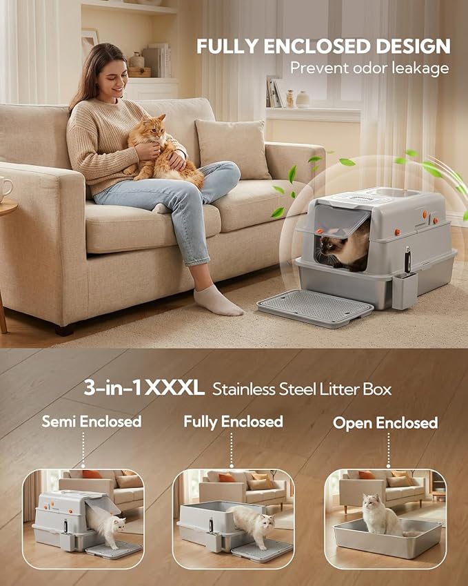 Soulbond XXXL Stainless Steel Litter Box with Lid, 27.5" L x 19.7" W x 16.5" H Large Covered Metal Jumbo Cat Litter Box Enclosed for Large and Multi-Cat Families, Easy to Clean