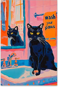 OMANI Black Cat Wash Your Paws Fun Wall Art Funky Colorful Bathroom Animal Poster Playful Kitsch Dopamine Aesthetic Canvas Pictures for Bathroom Wall Decor 16x24 inch Unframed