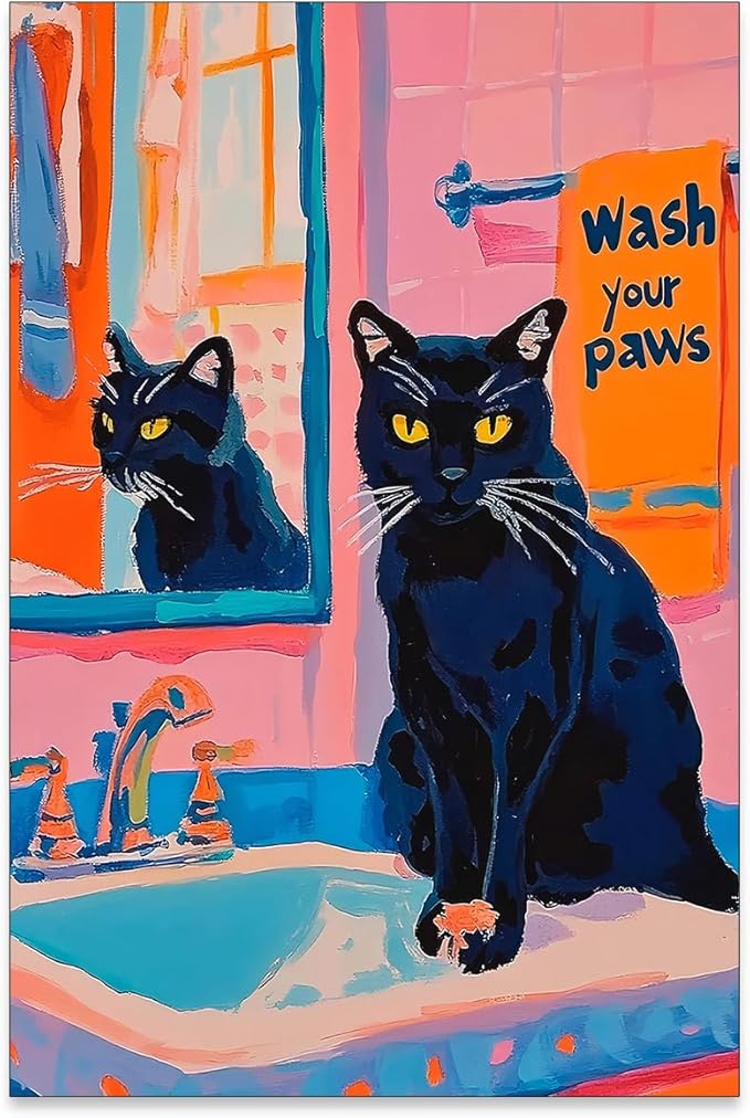 OMANI Black Cat Wash Your Paws Fun Wall Art Funky Colorful Bathroom Animal Poster Playful Kitsch Dopamine Aesthetic Canvas Pictures for Bathroom Wall Decor 16x24 inch Unframed