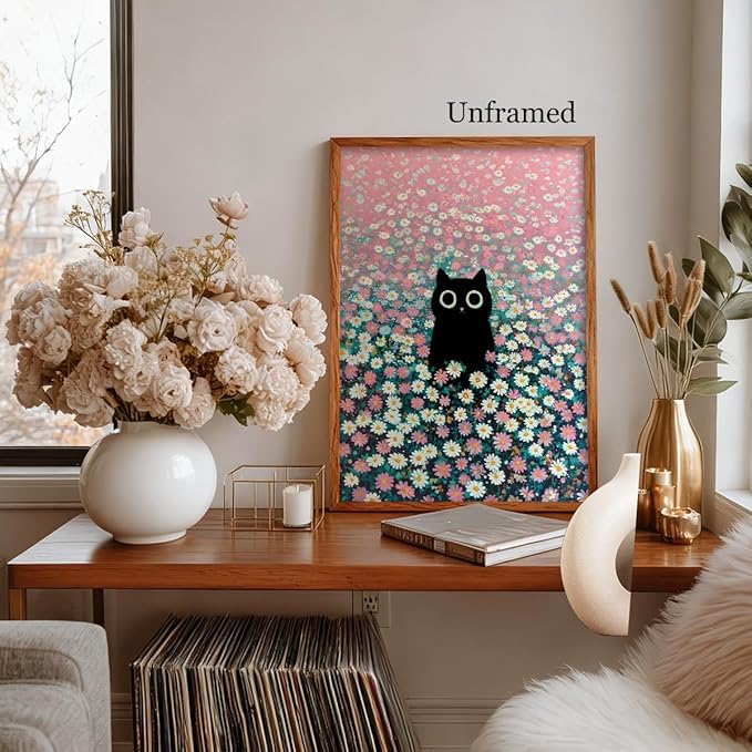 Black Cat Canvas Wall Art, Cute Cat In Daisies Meadow Aesthetic Poster, Adorable Animal Picture, Pink White Flowers Print Painting for Bedroom, Nursery Wall Decor Pet Lover Gift 12x16in Unframed