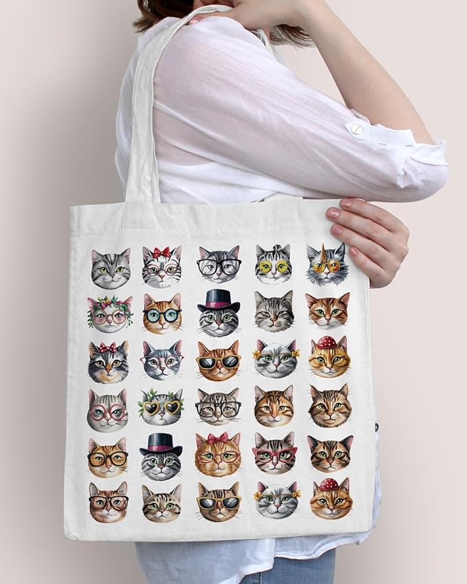 Cute Cat Canvas Tote Bag for Women Funny Cat Bag for Shopping Work Travel Lover Totes Gifts