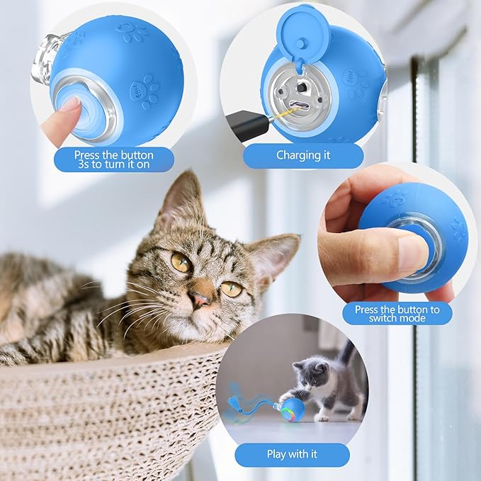 Blue Interactive Cat Toy,Automatic Moving Cat Toys for Bored Indoor Adult Cats,Fast Rolling,Chirping & Motion-Activated Kitty Toys,Fun Gift for Cats with Speedy 2.0 Tail,USB Rechargeable