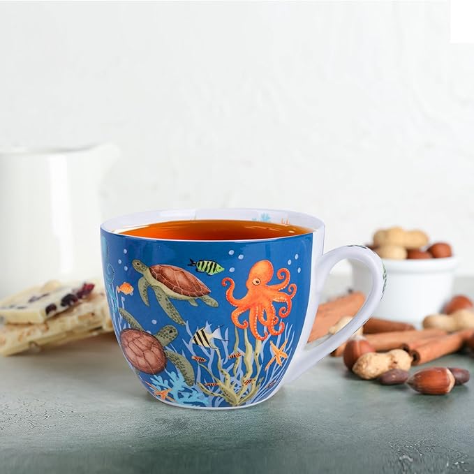 Summer Ocean Wonders Hug Mug - 20oz Deep Blue Bone China Coffee Mug with Sea Turtle, Octopus and Tropical Fish, Marine Life Themed Gift for Ocean Lovers, Designed in England by Harvest Green Studio