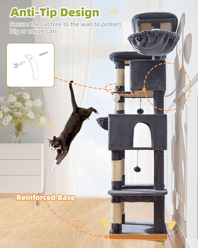 Taoqimiao Cat Tree Tower, 76-Inch Sturdy Cat Tree for Indoor Cats Large Adult Cat Tower with Scratching Posts，2 Condos, 2 Perches, 2 Large Hanging Baskets, Soft Hammock, MS046G Smoke Gray