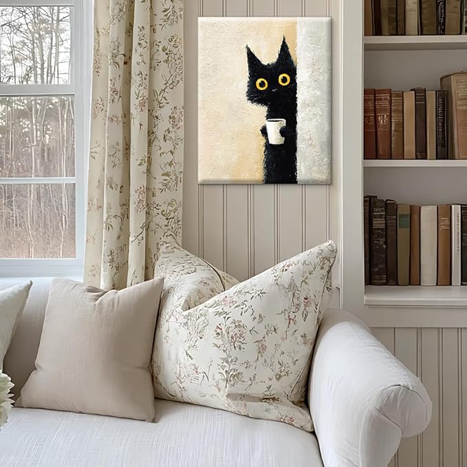 Funny Black Cat Wall Art Decor Vintage Cute Pet Peeking Print Picture Cat Lover Gifts Wall Decor for Home Living Room 8x10 Inch Canvas Framed