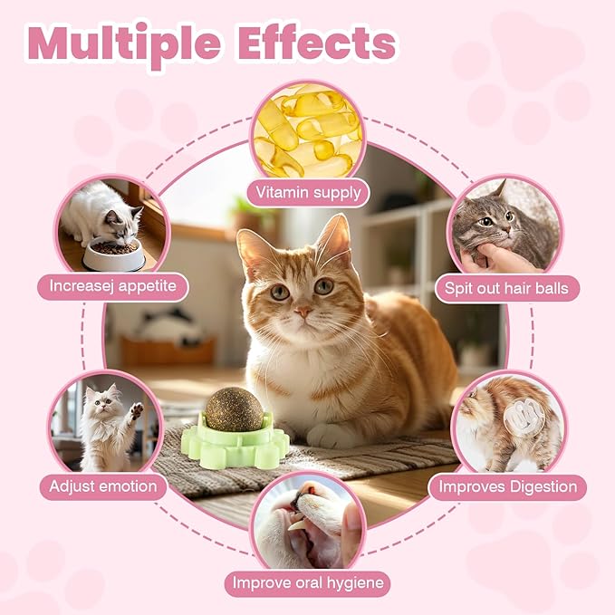 360° 4 Pack Catnip Ball for Cats Wall Mounted with Licking Roller and Spinning Motion - Interactive Treat Toy for Indoor Cats, Promotes Teeth Cleaning, Anxiety Relief and Active Play