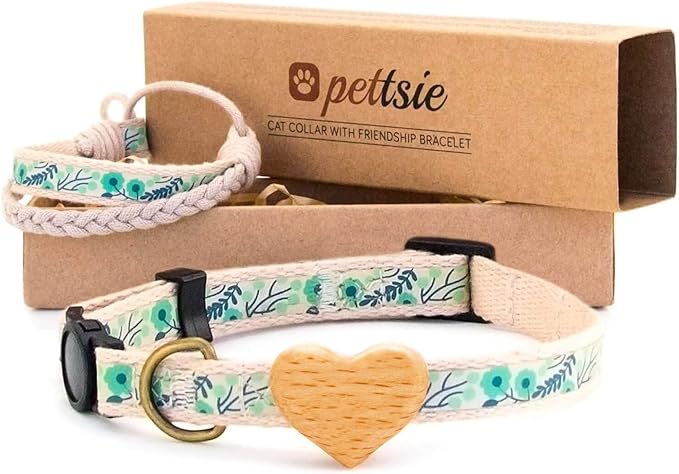 Pettsie Breakaway Cat Collar with Wooden Heart Charm & Matching Owner Bracelet – Soft Cotton, Adjustable Safety Collar for Cats, Lightweight & Stylish, 8"-11", Gift-Ready Set for Cat Lovers, Green