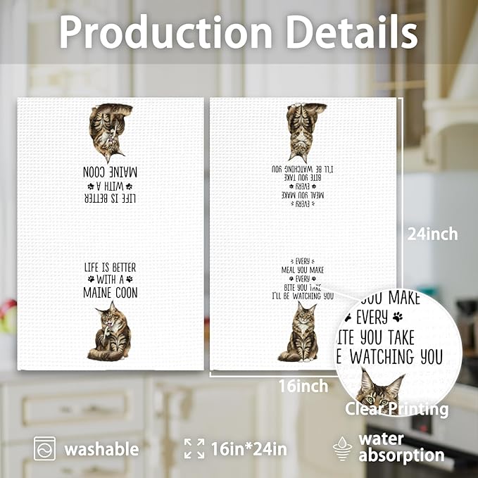 Maine Coon Gifts Cat Kitchen Towels Set of 2, Gifts for MaineCoon Lovers Hand Towels, Life is Better with a Maine Coon Dish Towel Tea Towel for Kitchen, Cat Kitty Owners Kitchen Decor, 16x24In