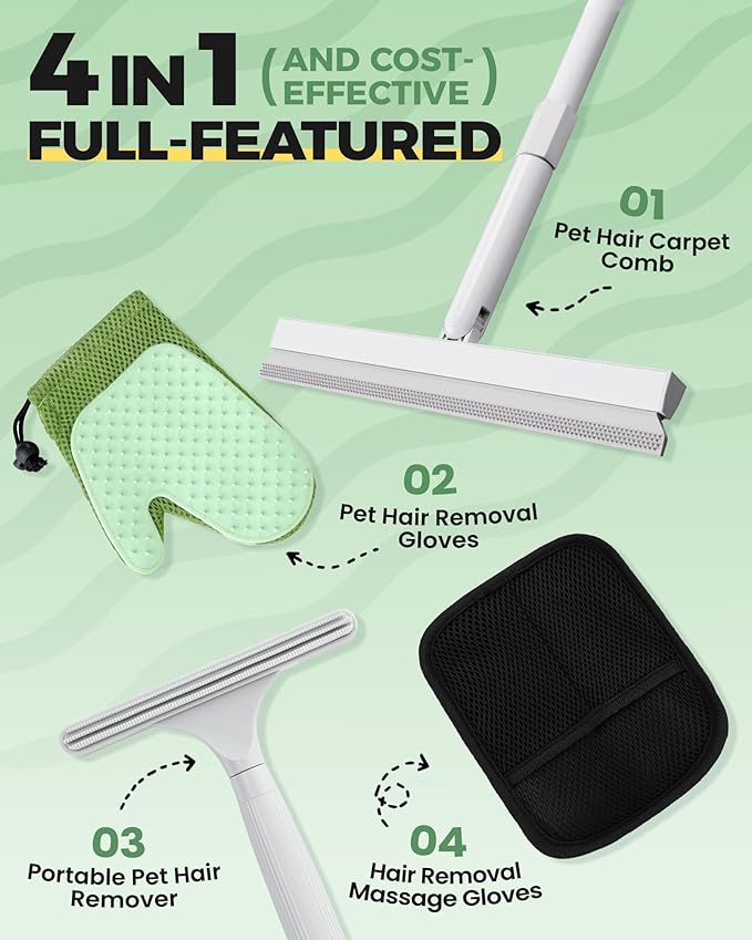 Carpet Rake for Pet Hair Removal Tool - 4 in 1 Pet Hair Remover Kit for Dog Cat Fur Remover, Contain 60" Adjustable Rubber Broom, Glove, Magic Brush and Scraper for Home Furniture, Rugs (Light Grey)