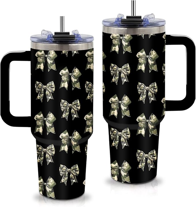 Camo Bow Tumbler 40 oz - Camouflage Bow Tumbler with Handle and Straws, Leak-proof, BPA-free, Insulated Stainless Steel Tumblers, Travel Coffee Mugs - Bowknot Lovers Birthday Gift Cup for Women