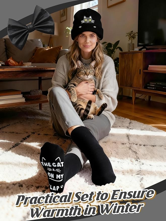 Cat Beanie and Funny Socks for Women - Cute Warm Gifts for Cat Lovers