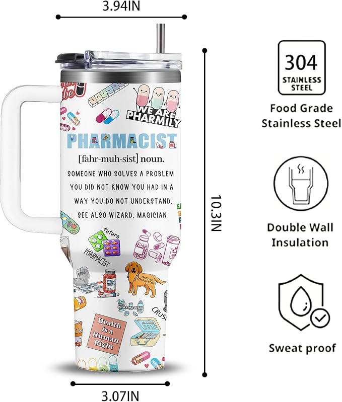 Pharmacist Gifts for Women Cup Tumbler 40Oz with Handle, Pharmacy Gifts for Pharmacist Insulated Water Cups, Pharmacy Appreciation Retirement Gift for Women Men Coffee Mugs