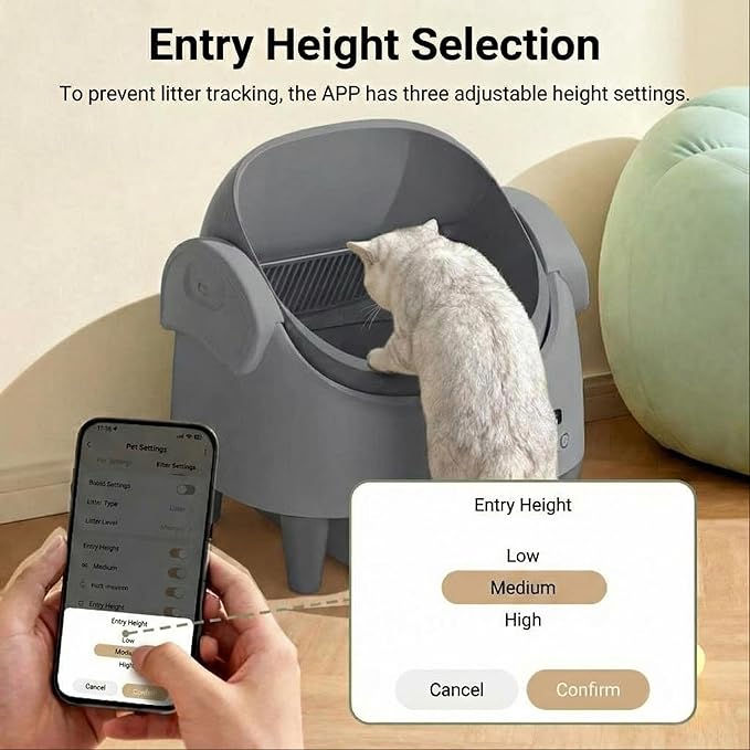 Automatic Self-Cleaning Cat Litter Box with Open-Top Design, App-Controlled Electric Litter Box for Multiple Cats, Adjustable Entry Height, Multi-Sensor Safety System, Includes 1 Roll Trash Bags