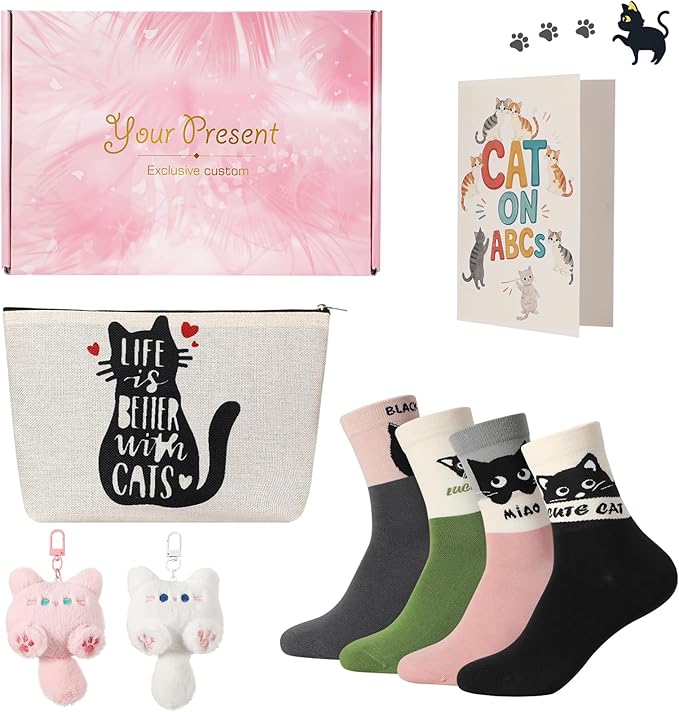 Cat Lover Gifts for Women Cute Cotton Cat Socks with Makeup bag Keychains Greeting cards for Birthday Mother's Day