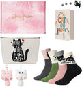 Cat Lover Gifts for Women Cute Cotton Cat Socks with Makeup bag Keychains Greeting cards for Birthday Mother's Day