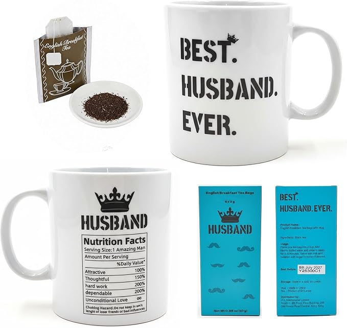 Best Husband Ever Mug Gift Set Ceramic “Best. Husband. Ever.” Mug with English Breakfast Tea, Gift Boxed — Father’s Day, Anniversary or Birthday Gift for Him