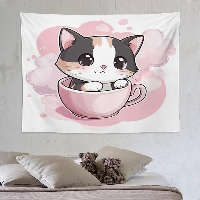 Tapestry's Wall Hanging Kawaii Cat Tapestry Pink Smile Kitten Cat Face Meow Bedroom Tapestries for Bedroom Aesthetic Home Decor 60"x80" Wall Hanging for Home Decor Bedroom Living Room Dorm Decor