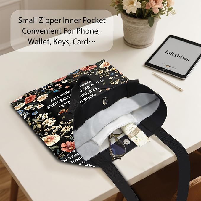 Aesthetic Canvas Tote Bag for Women - with Magnetic Snap Closure & Zipper Inner Pocket Reusable Bag for Shopping