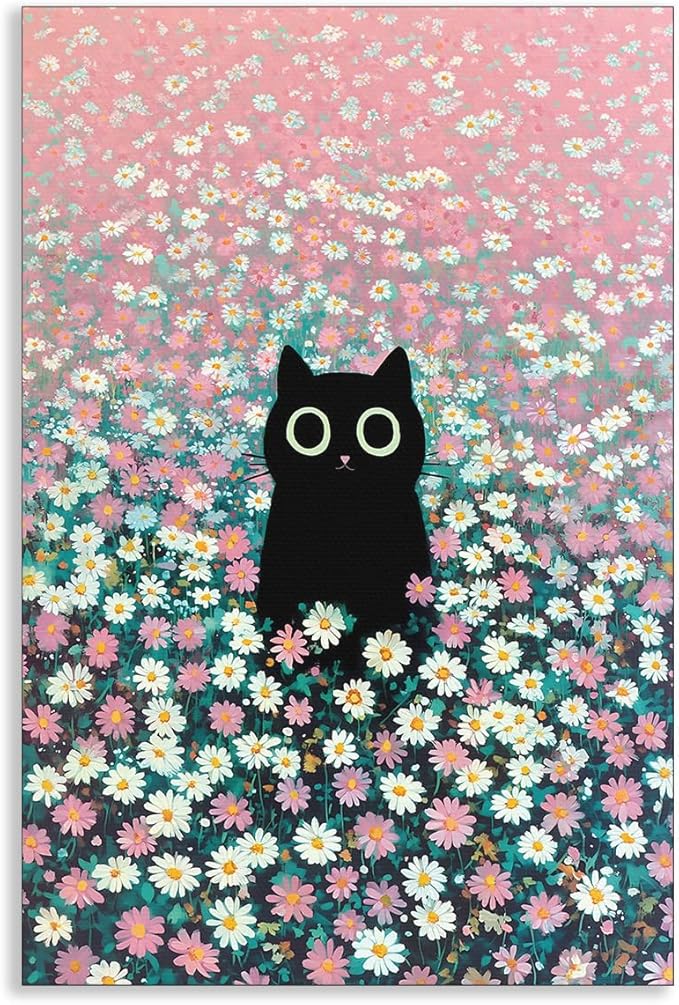 Black Cat Canvas Wall Art, Cute Cat In Daisies Meadow Aesthetic Poster, Adorable Animal Picture, Pink White Flowers Print Painting for Bedroom, Nursery Wall Decor Pet Lover Gift 8x10in Unframed