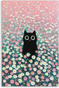 Black Cat Canvas Wall Art, Cute Cat In Daisies Meadow Aesthetic Poster, Adorable Animal Picture, Pink White Flowers Print Painting for Bedroom, Nursery Wall Decor Pet Lover Gift 12x16in Unframed