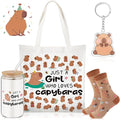Paterr 4 Pcs Capybara Gifts for Women Mom, Capybaras Lovers Gifts for Mother's Day Birthday Decorations, with Canvas Tote Bag 16oz Glass Coffee Cup with Straw Socks Cute Keychain
