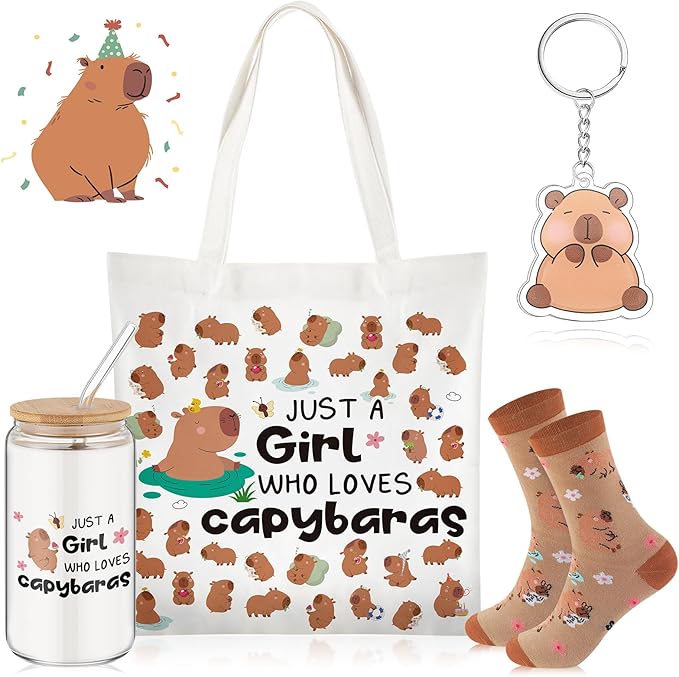 Paterr 4 Pcs Capybara Gifts for Women Mom, Capybaras Lovers Gifts for Mother's Day Birthday Decorations, with Canvas Tote Bag 16oz Glass Coffee Cup with Straw Socks Cute Keychain