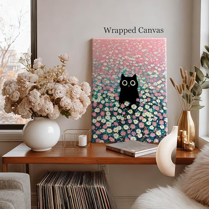 Black Cat Canvas Wall Art, Cute Cat In Daisies Meadow Poster, Adorable Animal Picture, Pink White Flowers Print Painting for Bedroom, Nursery Wall Decor Pet Lover Gift 12x16in Wrapped Canvas