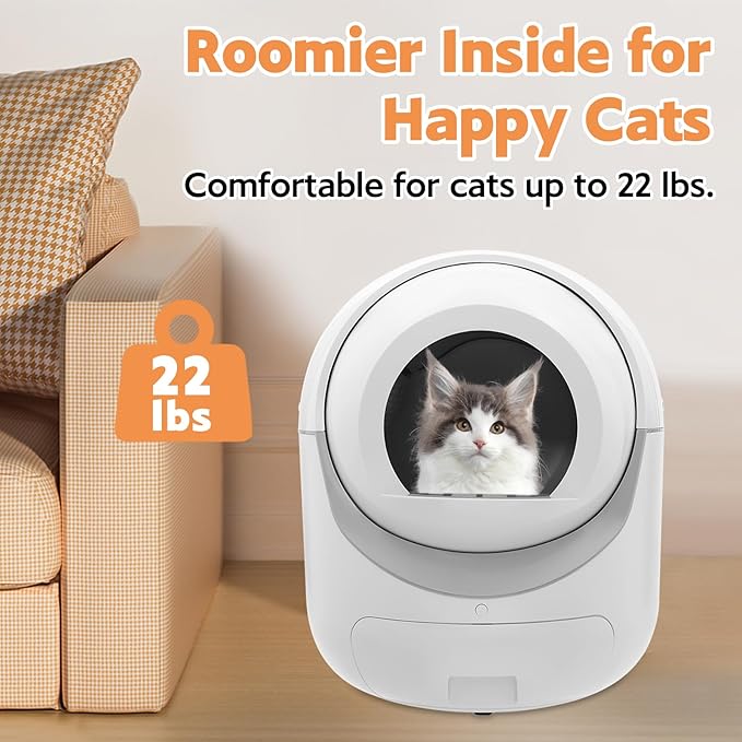 Smart Litter Box, Self-Cleaning for Multiple Cats with APP Control - Large Automatic Hooded Litter Tray, Hands-Free Cleaning for Cats Up to 22lbs, White Round Design