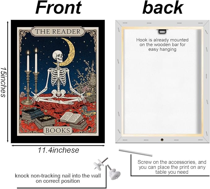 The Homebody Tarot Card Wall Art, Funny Skeleton Meditating Posters, Book Lovers Gifts, Vintage Canvas Framed Prints Room Aesthetic, Whimsical Decor for Living Room Entryway Bedroom Book Shelf