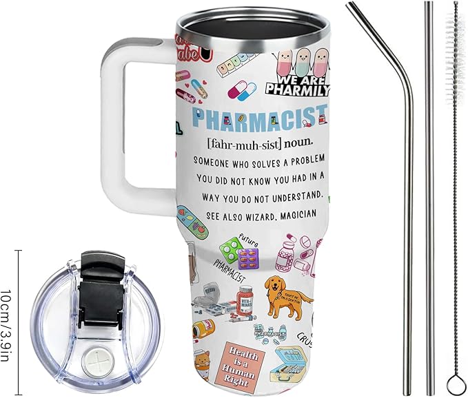 Pharmacist Gifts for Women Cup Tumbler 40Oz with Handle, Pharmacy Gifts for Pharmacist Insulated Water Cups, Pharmacy Appreciation Retirement Gift for Women Men Coffee Mugs