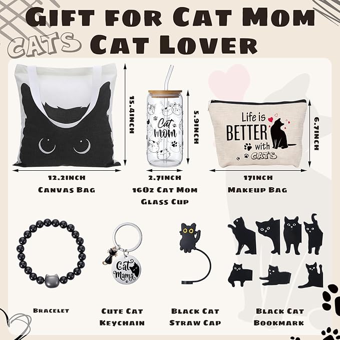 Cat Mom Gifts for Women,Black Cat Themed Gift Set with Glass,Canvas Tote Bag,Makeup Bag,Keychain,Bracelet and Magnetic Bookmarks,Unique Cat Lover Gift Box for Mother’s Day
