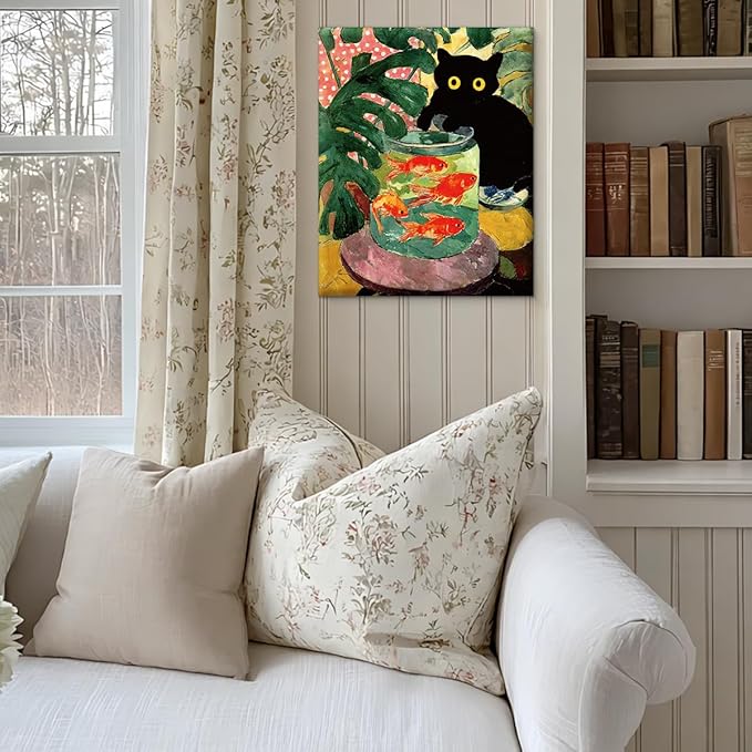 Vintage Cat Goldfish Wall Art Decor Funny Botanical Kitten Print Picture Cat Lover Gifts Wall Decor for Home Living Room 8x10 Inch Canvas Framed