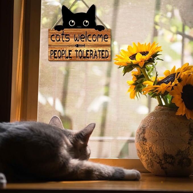 Funny Cat Signs Black Cat Welcome Sign Cat Home Decor Gifts For Cat Lovers Cat Gift For Women Cat Wall Art Halloween Black Cat Wooden Hanging Decor Door Sign Cats Welcome People Tolerated Sign