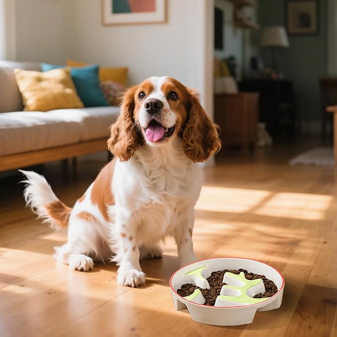 Ceramic Slow Feeder Dog Bowl - Portion Control Feeding Bowl for Medium Dogs - Cute Maze Food Dish for Fast Eaters - 3.1 Cups (310 g) - Doodle Series (Strawberry)