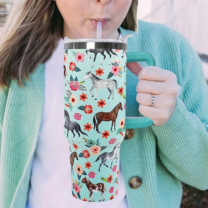 Ceovfoi 40 Oz Horse Tumbler With Handle, Coffee Travel Mug Cup Water Bottle, Horse Decor, Gifts for Women