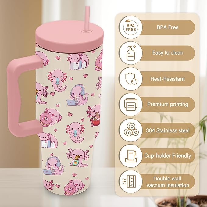 Axolotl Tumbler 40 Oz, Axolotl Gifts For Women, Cute Axolotls Tumbler With Handle, Birthday Gifts For Axolotls Lovers, Pink Insulated Tumblers Cup