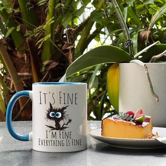 FALJIOK Funny Cat Coffee Mug Gifts for Cats Lover, It's Fine I'm Fine Everything Is Fines Coffee Mug 11oz, Novelty Mugs Gift for Women Man, Cats Lover Birthday Christmas Gifts (blue cat)