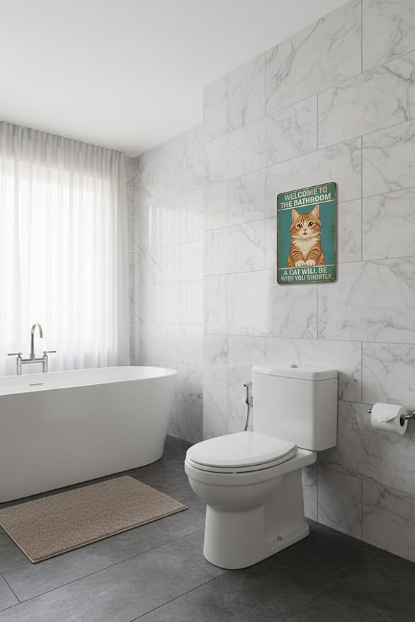 Funny Bathroom Sign Welcome to The Bathroom A Cat Will Be with You Shortly Humorous Restroom Decor Quirky Cat Lover Gift Novelty Aluminum Sign 8x12 Inches Orange Cat-02