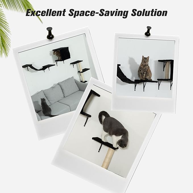 COZIWOW 5-Piece Cat Tree Set with Wall Mounted Cat Shelves, Cat Scratching Post & Cat Wall Furniture, Multi-Functional Indoor Cat Jungle Gym, Essential for Cat Room, Suitable for Large Cats (Black)