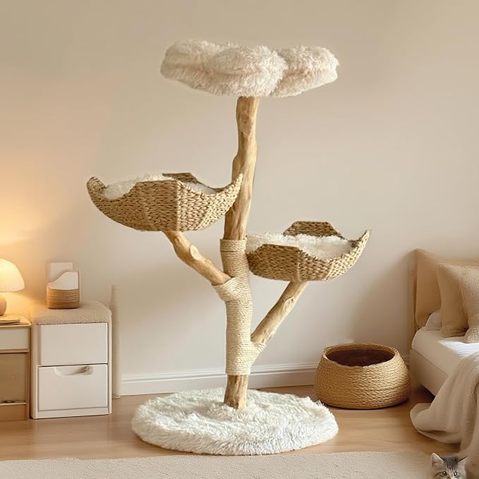 Modern Cat Tree Tower, 45” Wooden Cat Tree for Indoor Cats Large Adult, Real Solid Luxury Cat Condo with Scratching Post for Multi-Cat Households