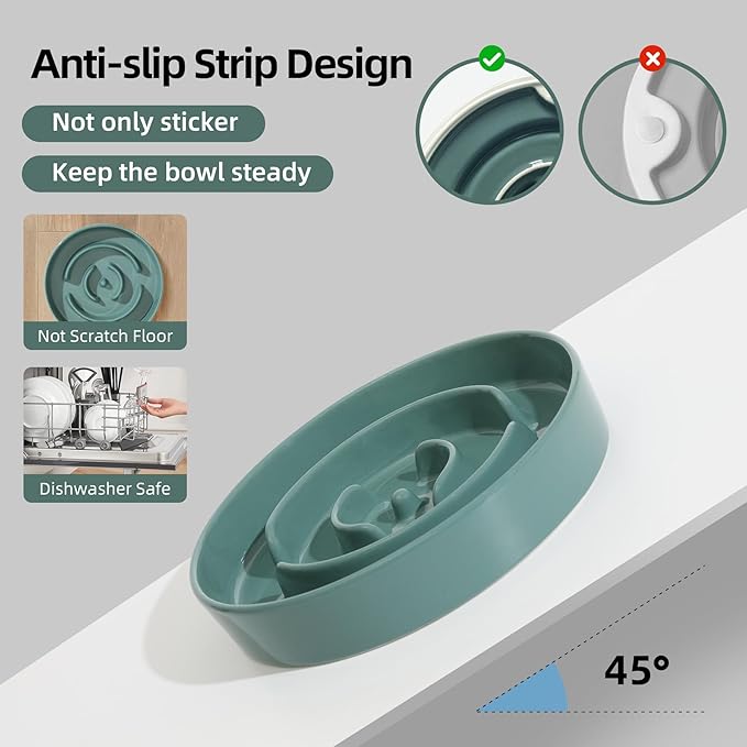 Ceramic 1.6 Cup Slow Feeder Dog Bowl for Medium and Large Breed, 8.2inch Puzzle Dog Food Dish, Anti-Gulping, Stop Bloat, Preventing Choking (Single Bowl-Dark Green)