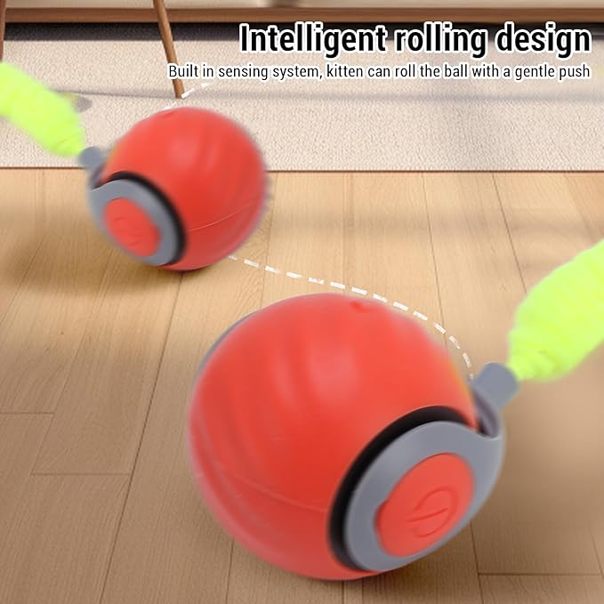 Smart Interactive Cat Ball Toy, Automatic Self Rolling, with Sound, Teeth Grinding, Bite Tough Plastic, Prevents Boredom, for Kittens, Self Play Cat Toy (Red)