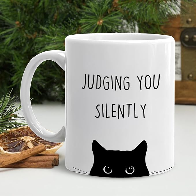 Funny Black Cat Mug, Black Cat Gifts Coffee Cup Ceramic, Cats Lover Lady Mom Dad Gifts, Judging You Silently Funny Kitty Kitten Ceramic Coffee Tea Mug 11 oz