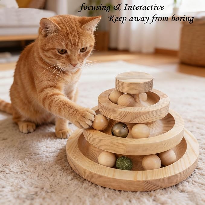 Cat Ball Track Toy with Catnip Ball and Metal Bell 3 Tier Cat Tower for Indoor Cats Wooden Interactive Cat Toy for Hunting Physical Exercise 9 Removable BallsPuzzle Kitten Toys