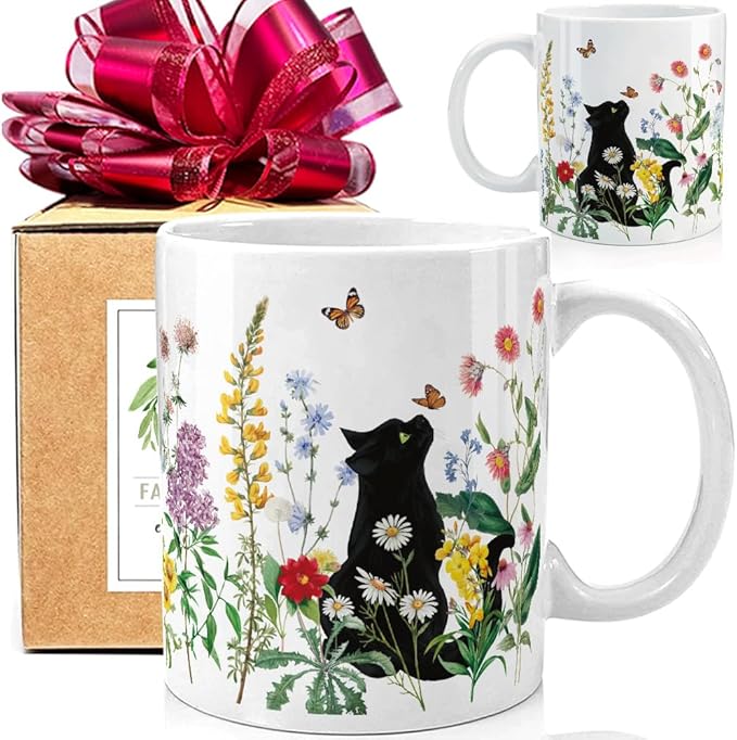 FALJIOK Cute Black Cat and Flowers 11oz Porcelain Coffee Mug, Gift for Cat Lover, Mom, Friend, Bestie