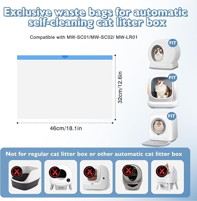 100 Count Self-Cleaning Cat Litter Box Liners Compatible With MW-SC01/MW-SC02/MW-LR01, Drawstring Heavy Duty Kitty Waste Bags Disposable Receptacles Bags Trash Bag -18" x 12.6"