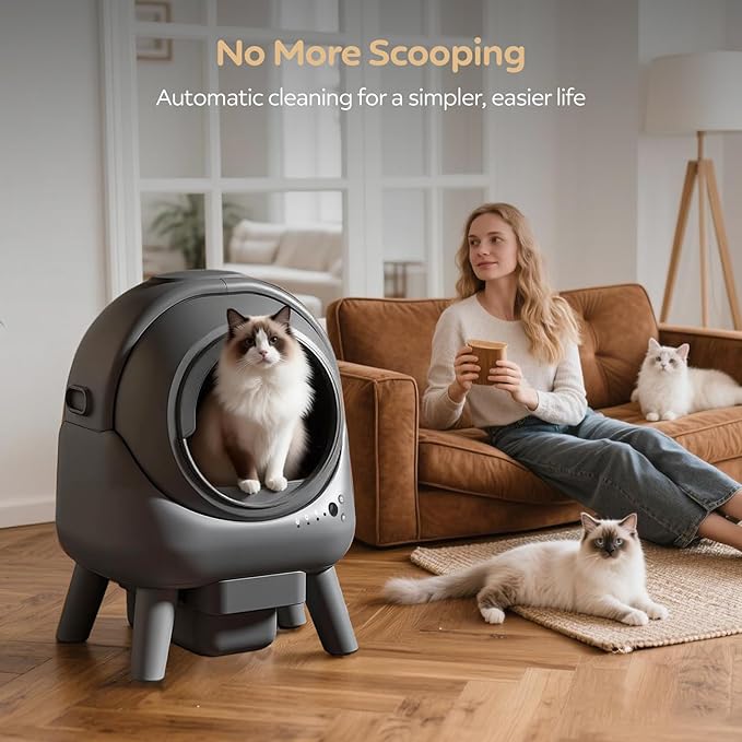 Self Cleaning Litter Box for Multiple Cats, Automatic Cat Litter Box with APP Control, Advanced Safety Sensors & Odor Control, 15-Day Extra Large Waste Bin, Quiet Operation, Gray
