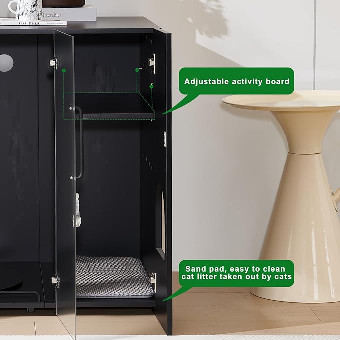 Cat Litter Box Enclosure - Dog Proof Cat Litter Box with Pull-Out, Rotating Features, Includes Power Outlet and Acrylic Wave-Patterned Door Panels with Lock,Elegant Black